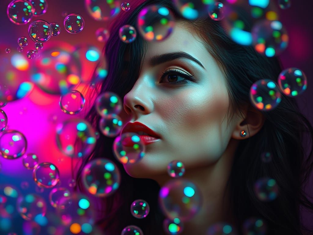 Iridescent Bubbles Surround Woman in Hyperrealistic Style