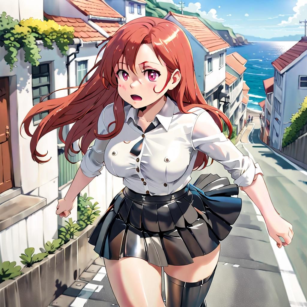 Anime Style: Woman Running in Coastal Town