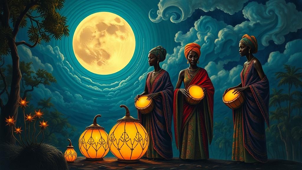 Moonlit Drummers in Mystical Village