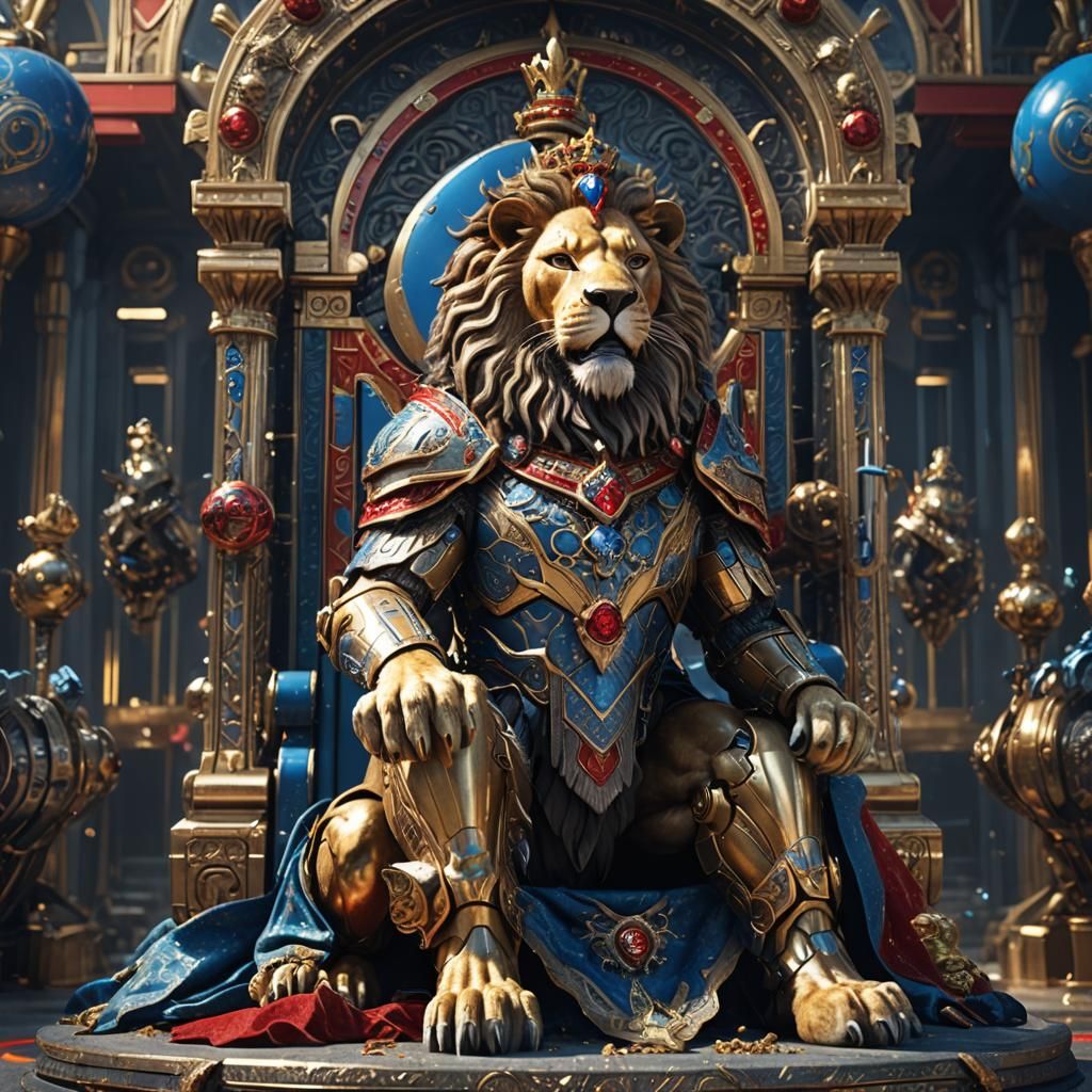 Crowned Lion King on Throne with Spear