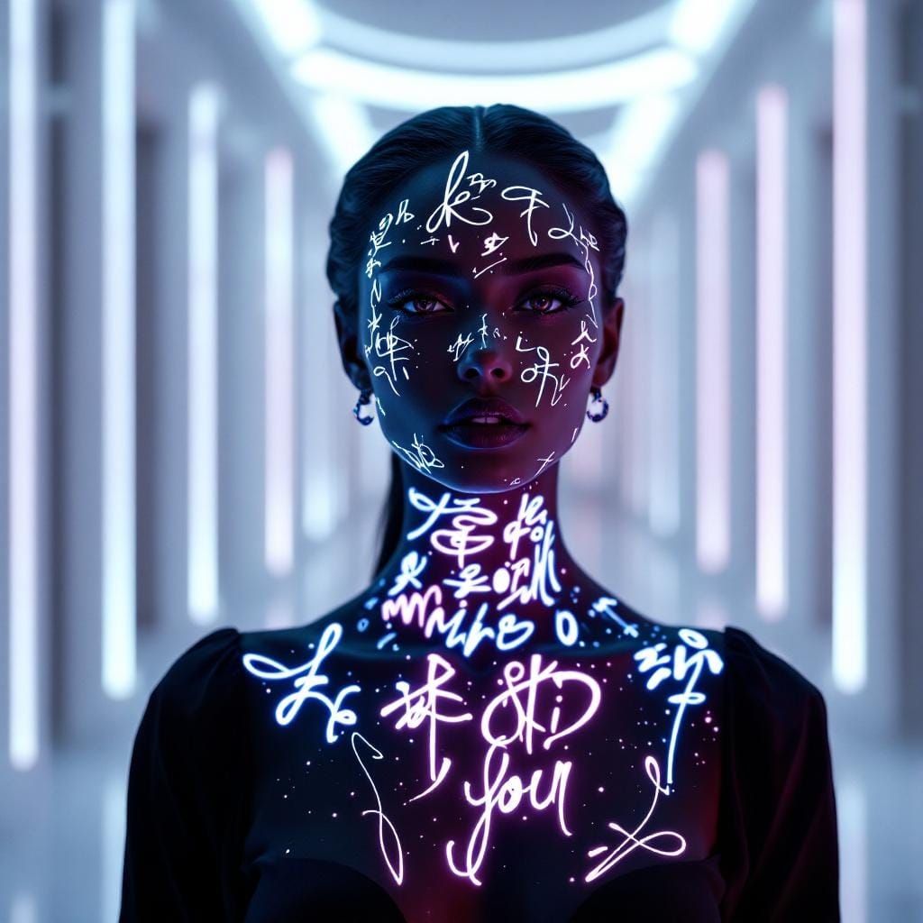Woman's Face Covered in Neon Calligraphy, Digital Art