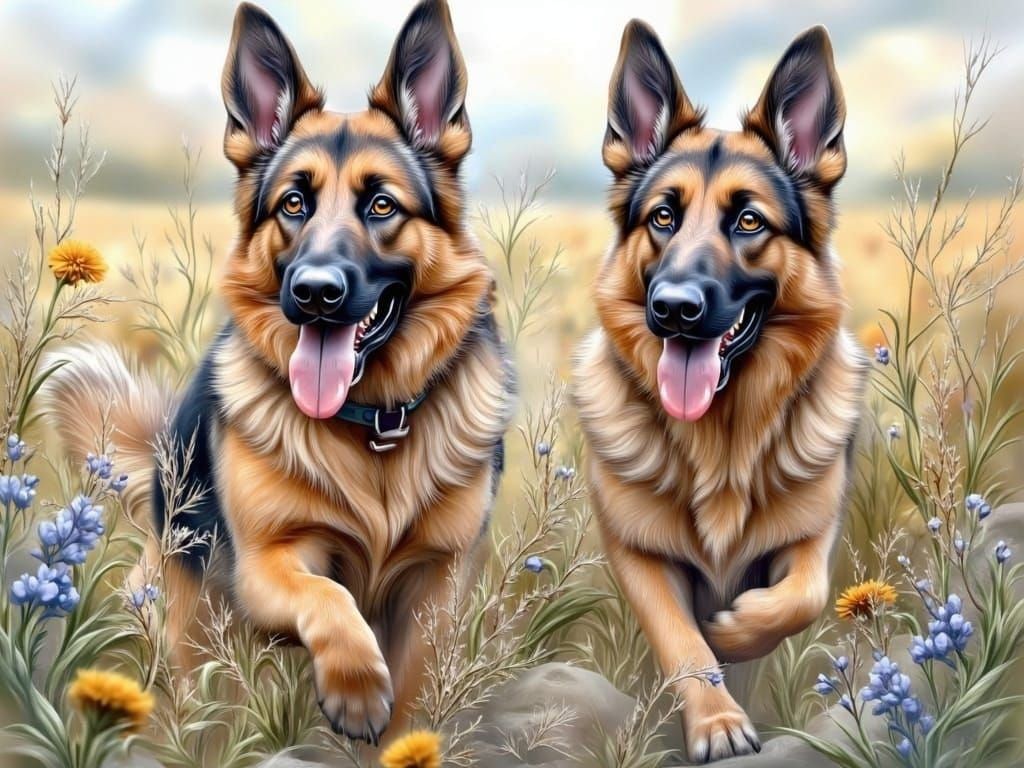 German Shepherds Running in Vibrant Wildflower Field