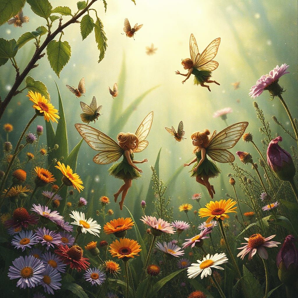 Fairies in a Vibrant Garden, Ethereal Art