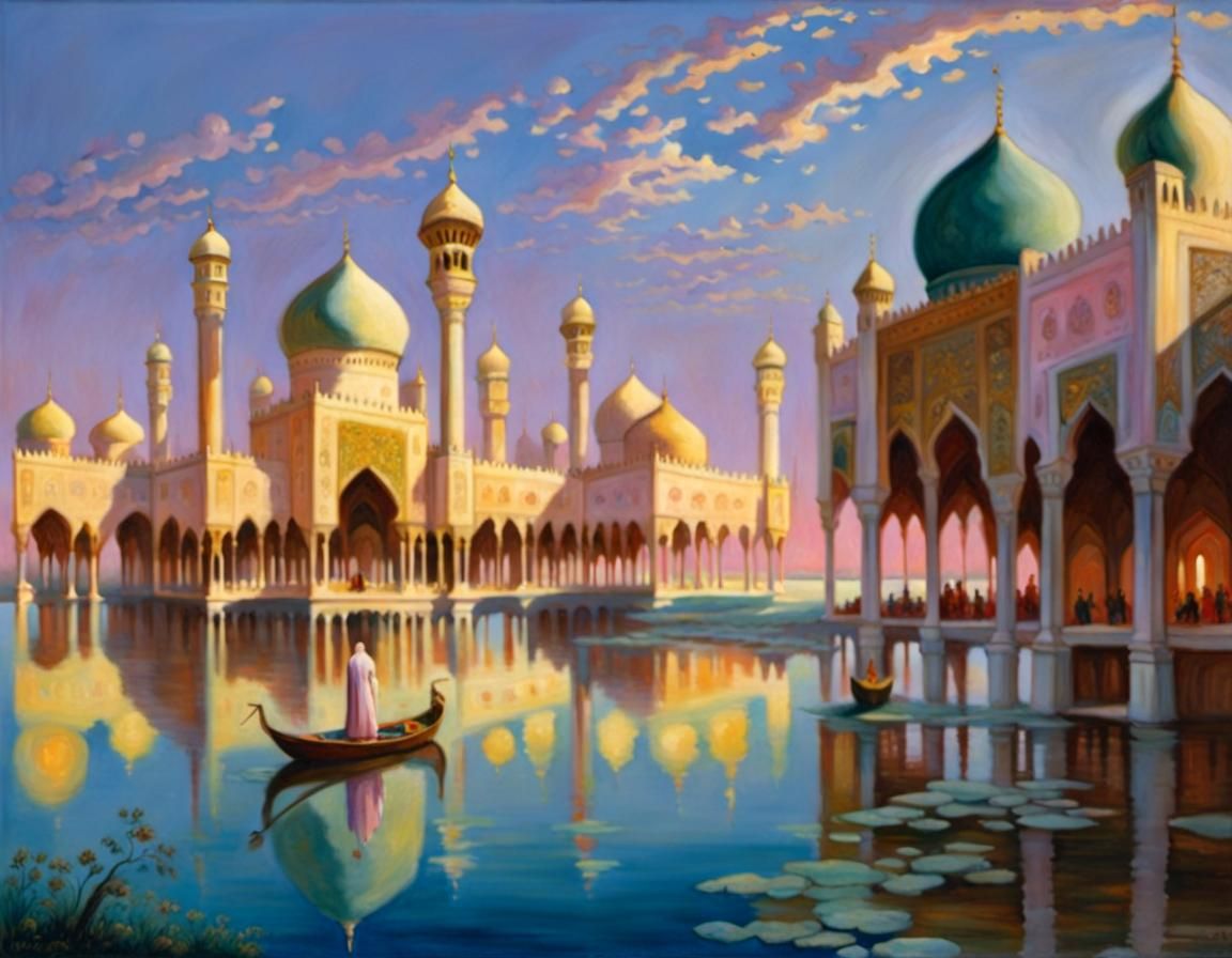 Fantastical Arabian Palaces at Sunrise: Gurney-Style Paintin...