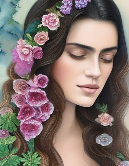 Watercolor Goddess Portrait with Flowers and Plants
