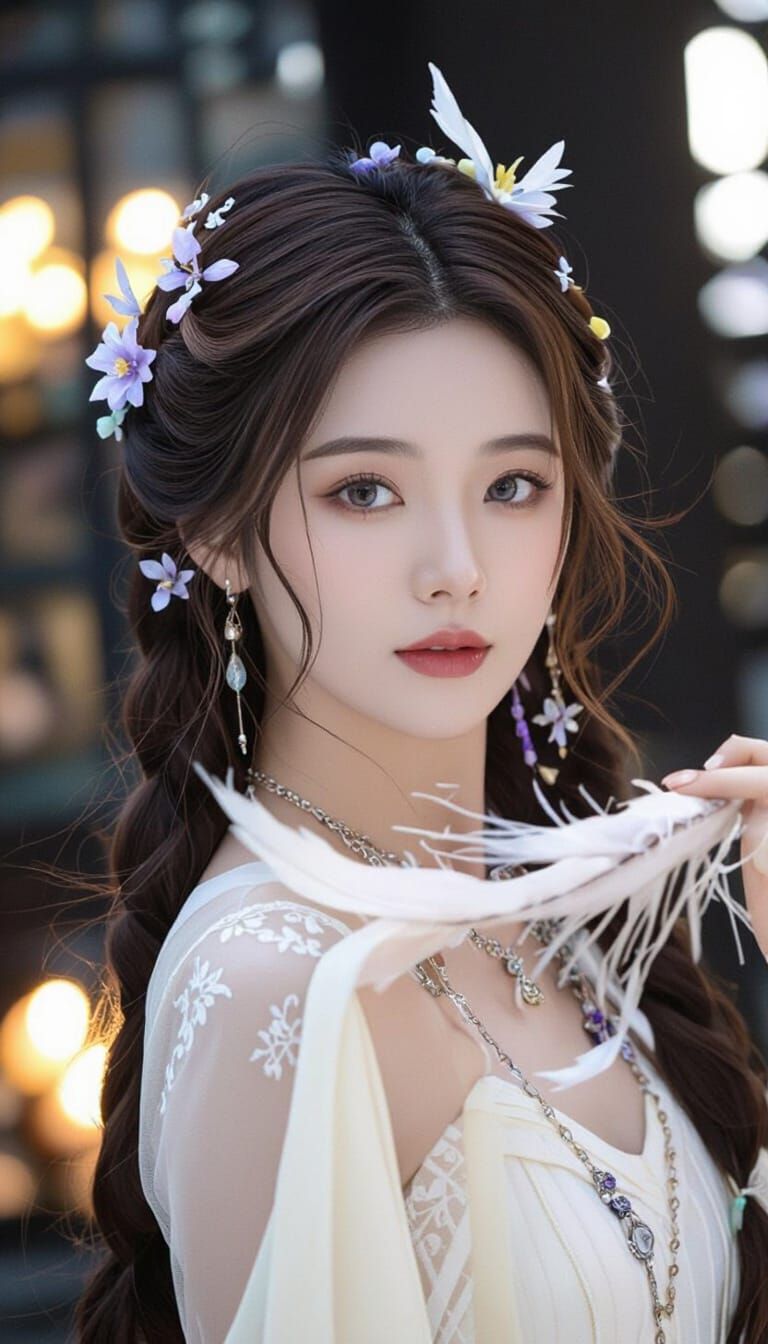 Lunar Fairy Portrait with Silk Hanfu and Jewelry