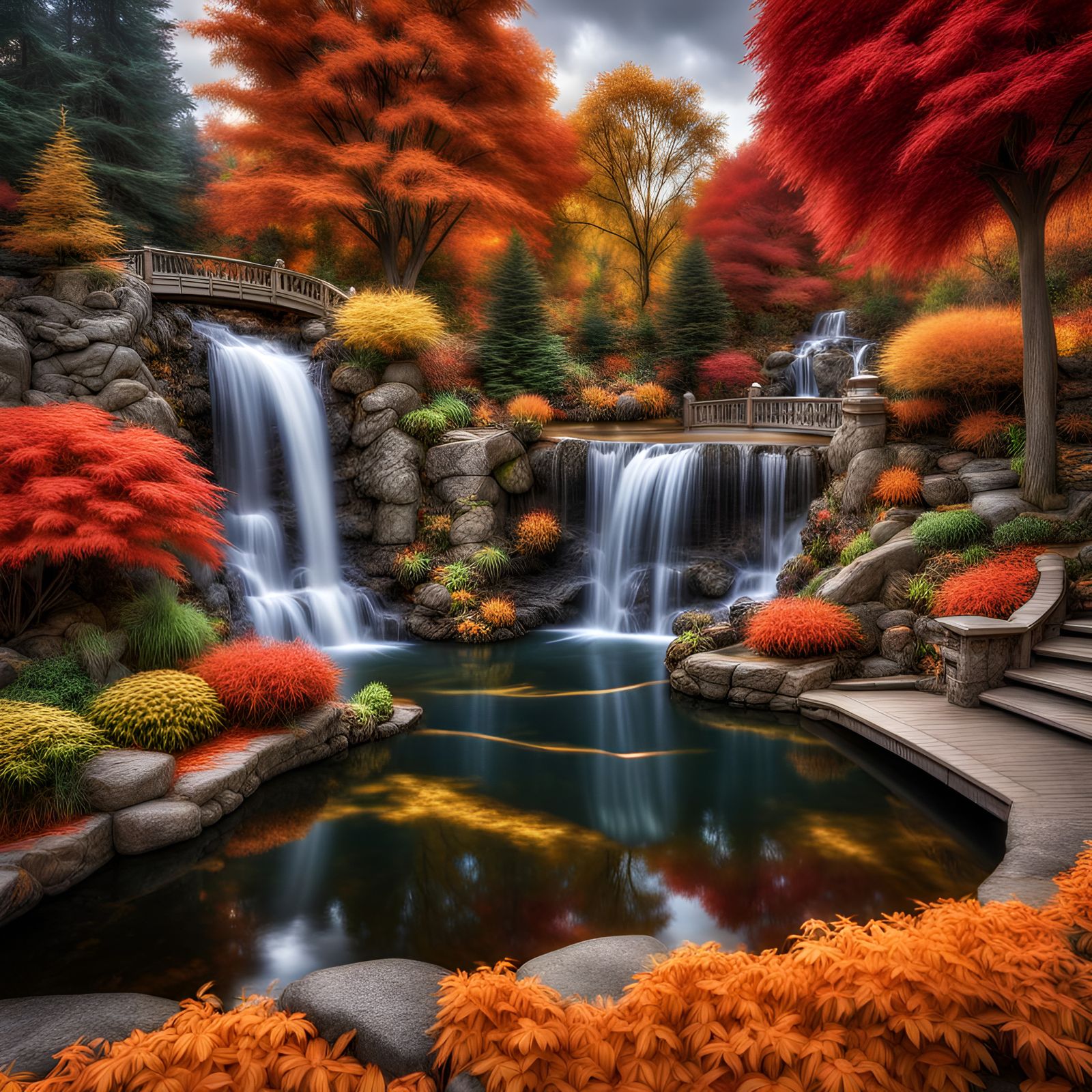 Hyperrealistic Autumn Fantasyland Waterfall in High Definiti...