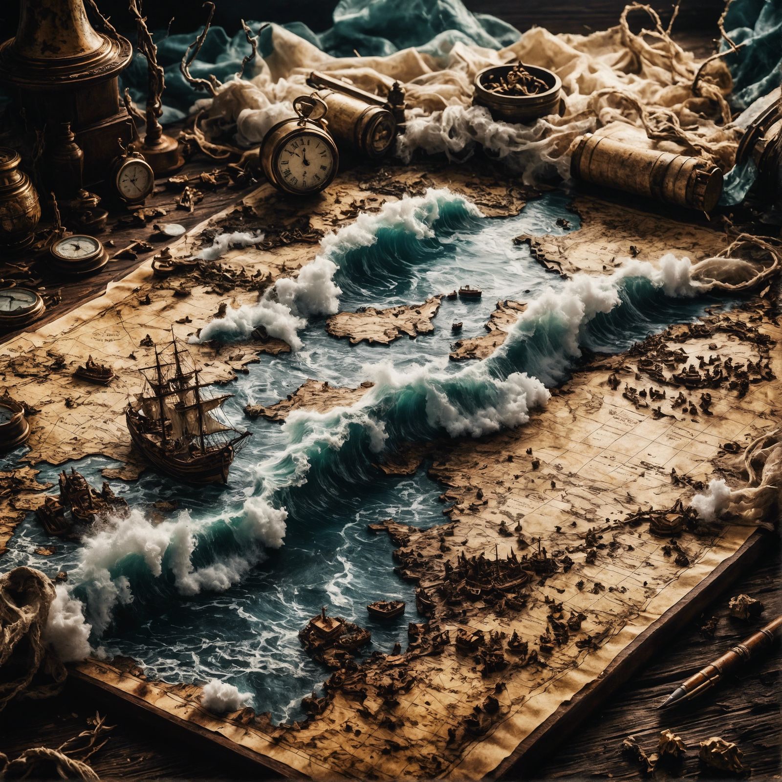 Ancient Map with Ocean Waves in Hyperrealism