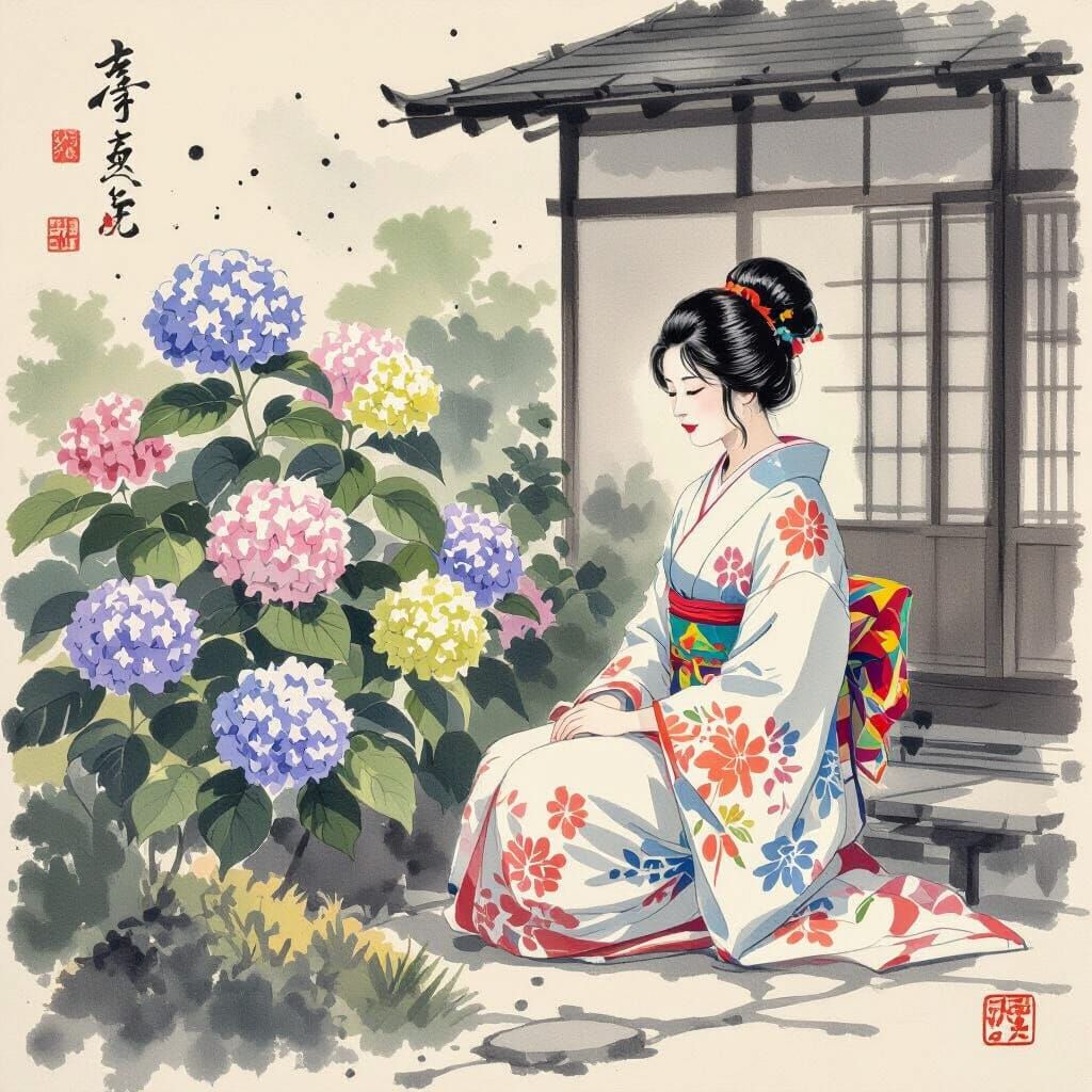 Serene Woman in Japanese Garden, Yamato-e Style