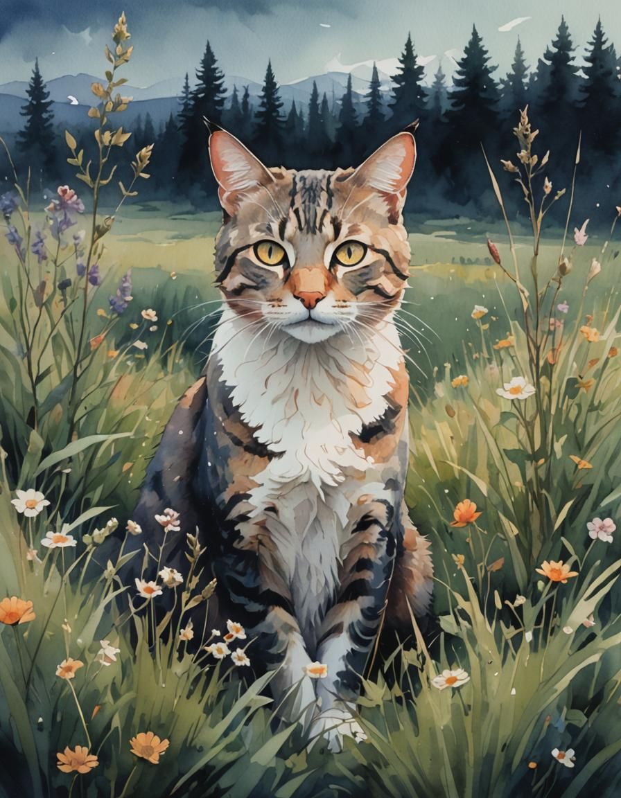 Moody Watercolor Cat in Meadow, Vintage Art