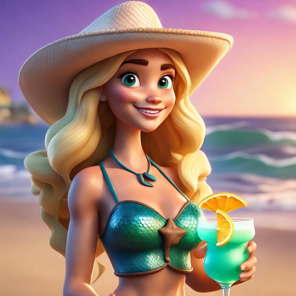 Mermaid with Cowboy Hat in Pixar Style