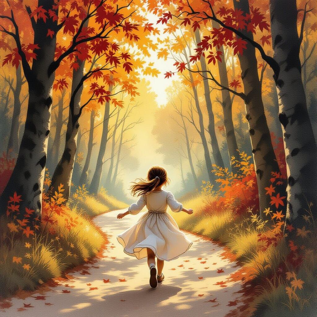 Girl Runs on Forest Path in Autumnal Light