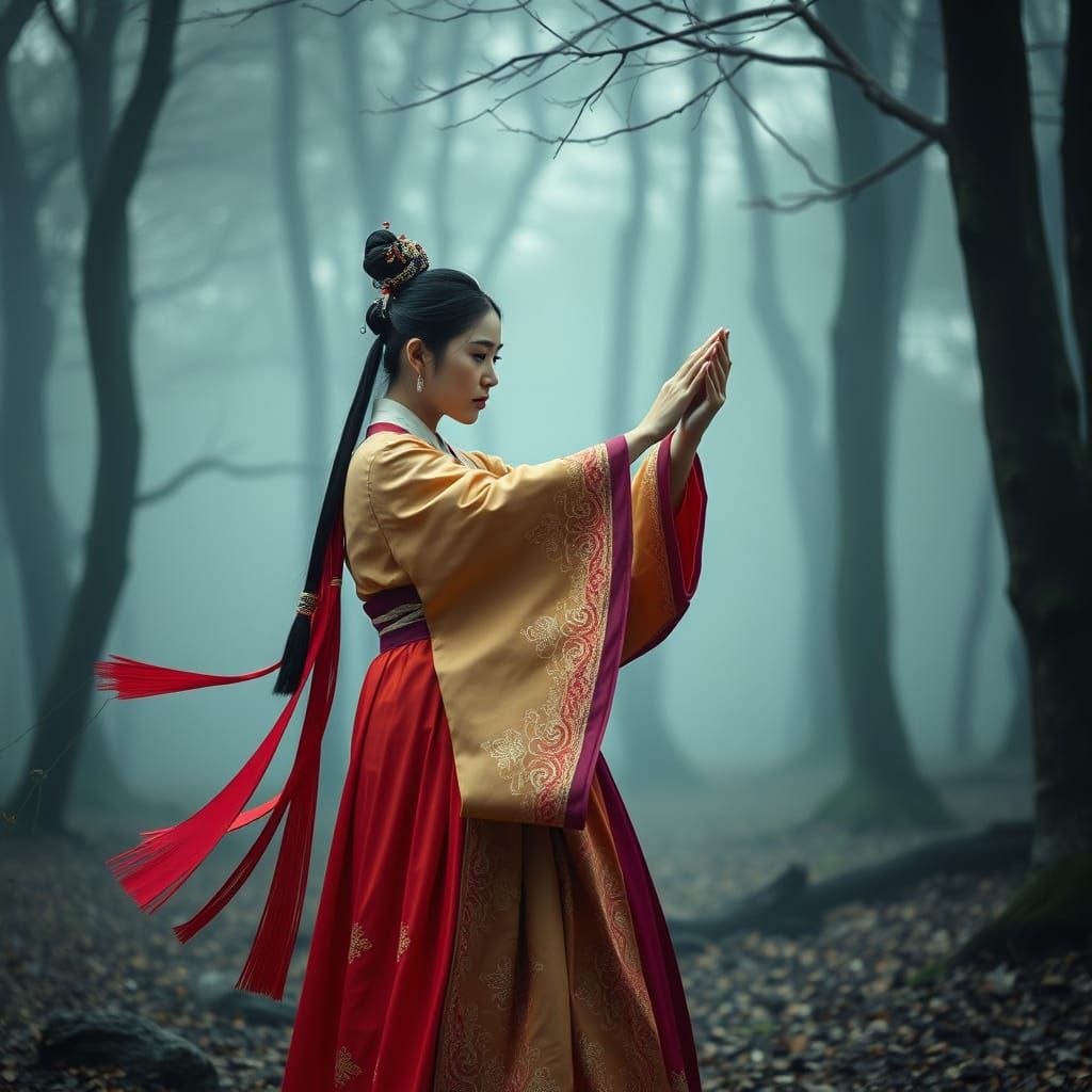 Korean Shaman Ritual in Misty Forest: Illustrative Art