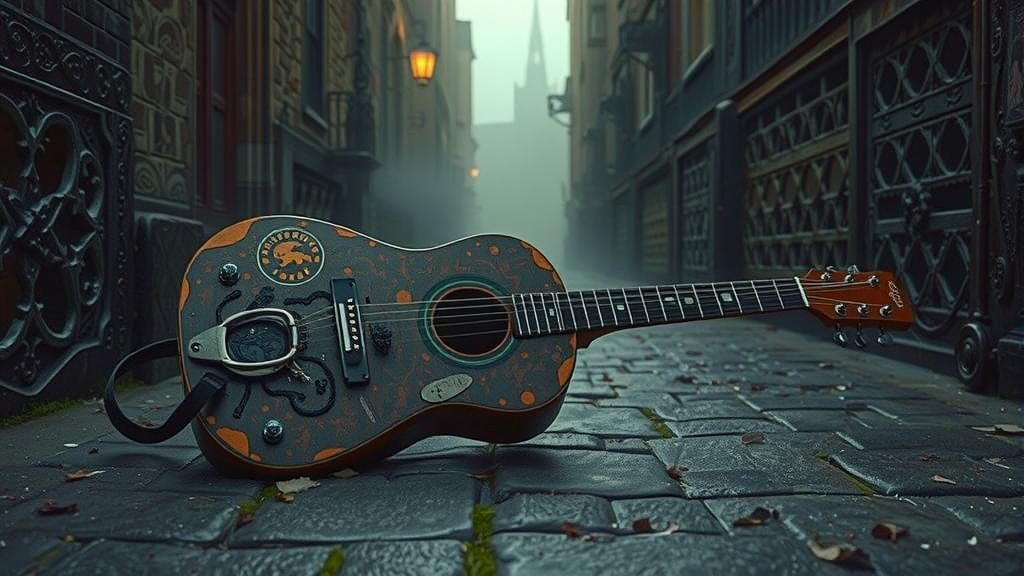 Guitar in Mist-Shrouded Gothic Alley