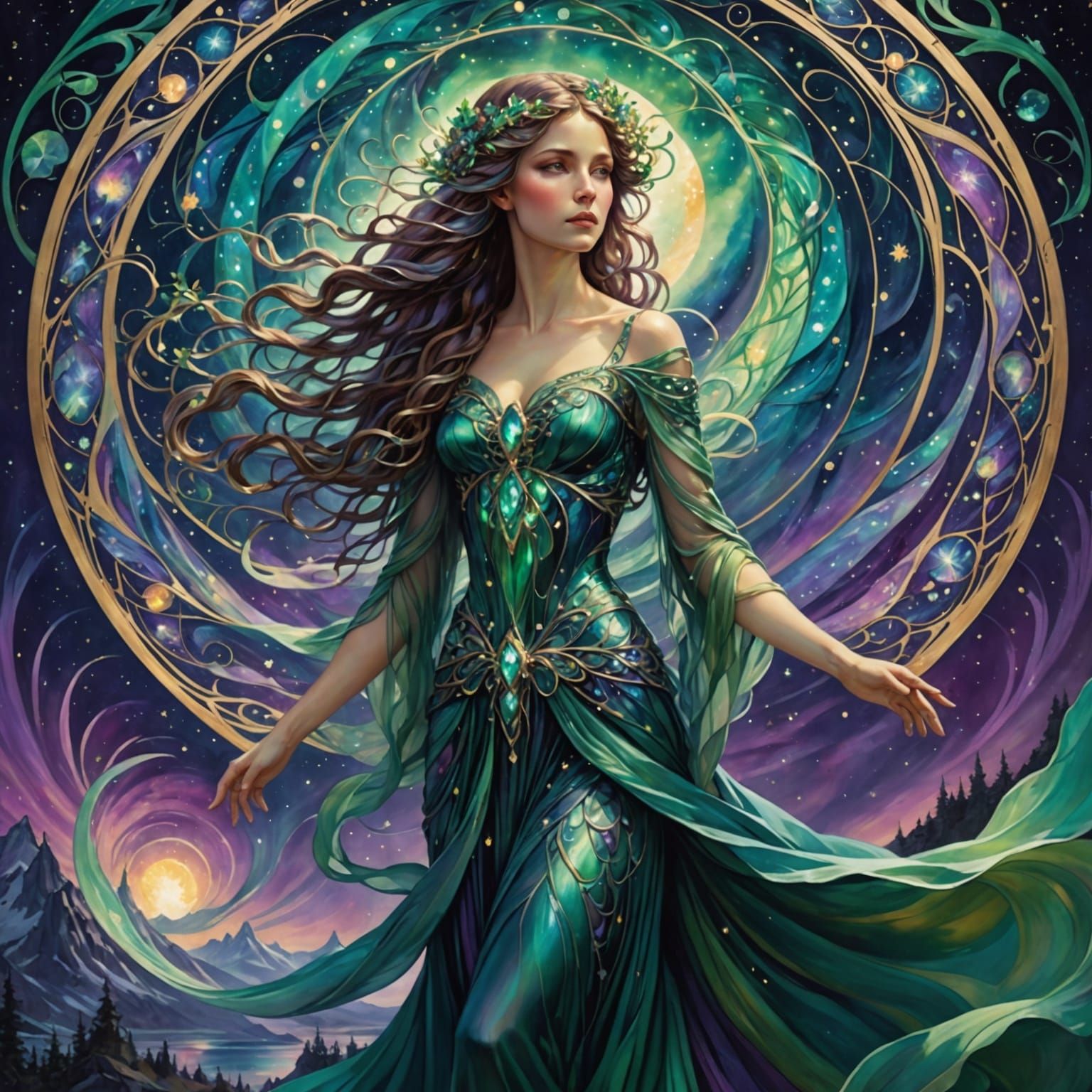 Ethereal Goddess of the Northern Lights in Art Nouveau Style