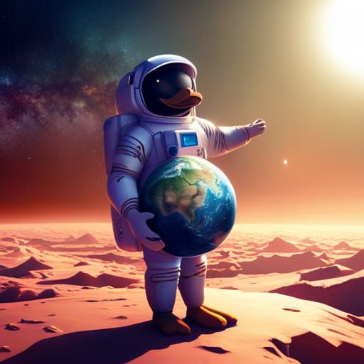 Duck in Spacesuit Holding Earth: Cute, Simple Style