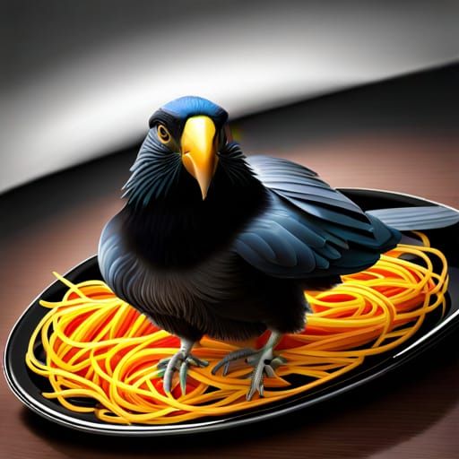 Spaghetti Topped with a Jet Black Parrot