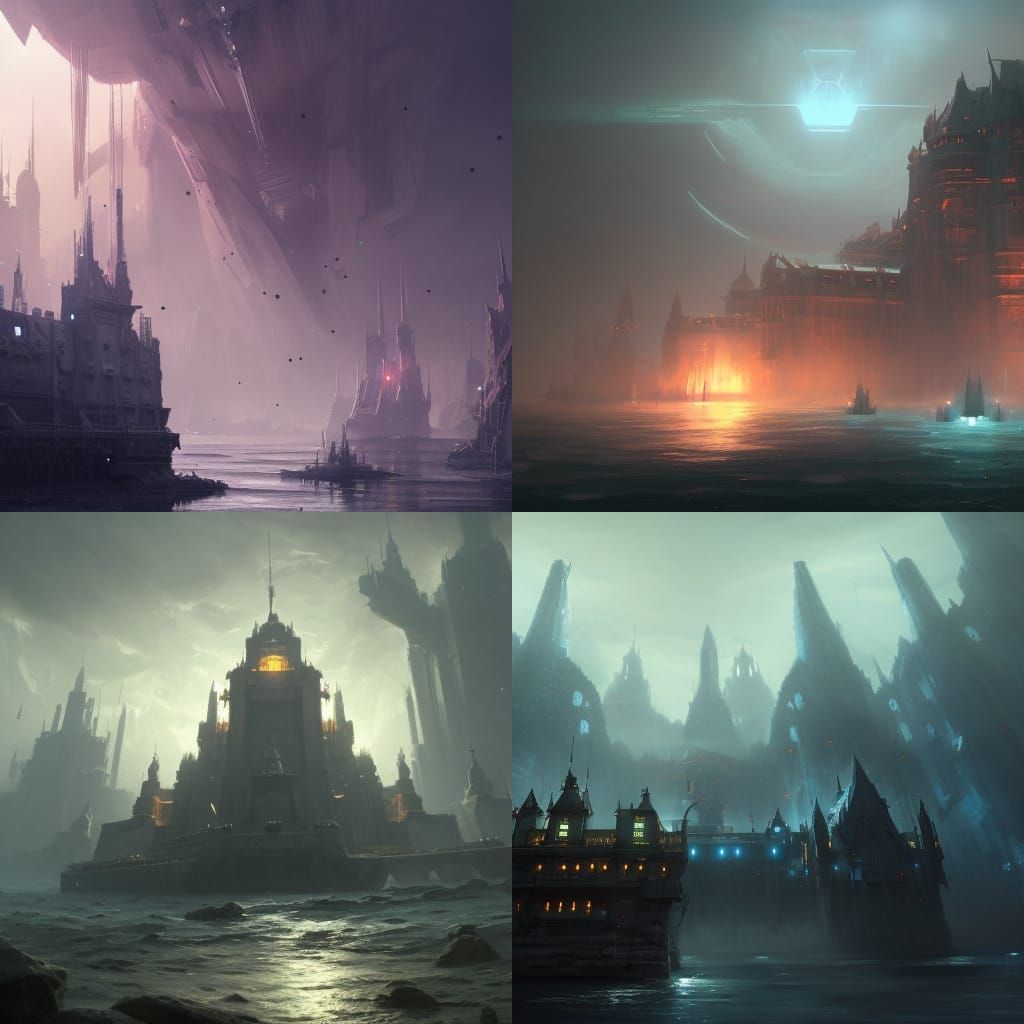 Floating Fortress Guarded by Laser Turrets in Dark Fantasy