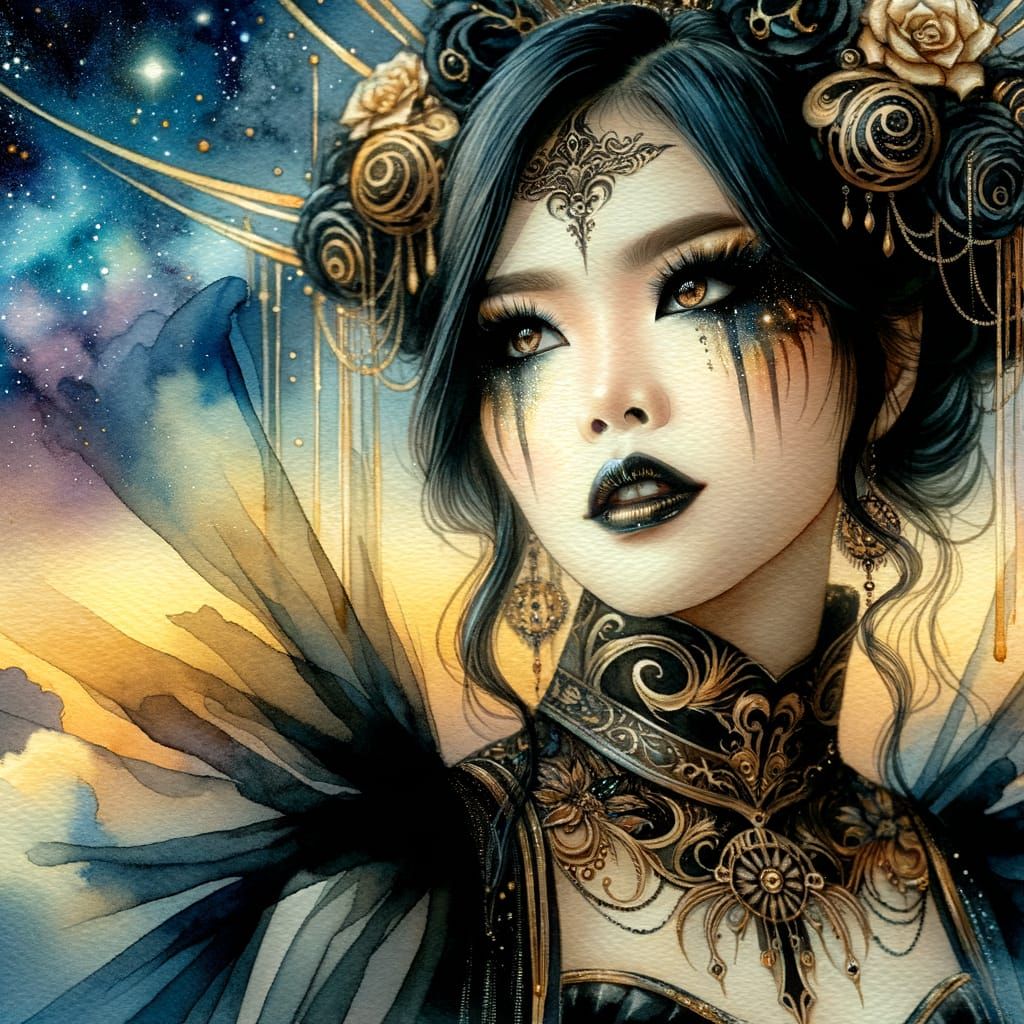 Mysterious Asian Woman in Gothic Celestial Watercolor