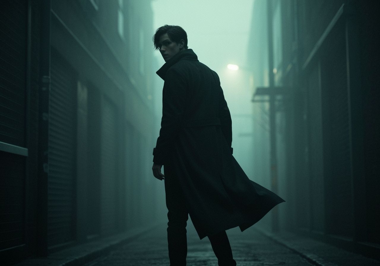 Noir Figure in Foggy Alleyway, Dark Sci-Fi