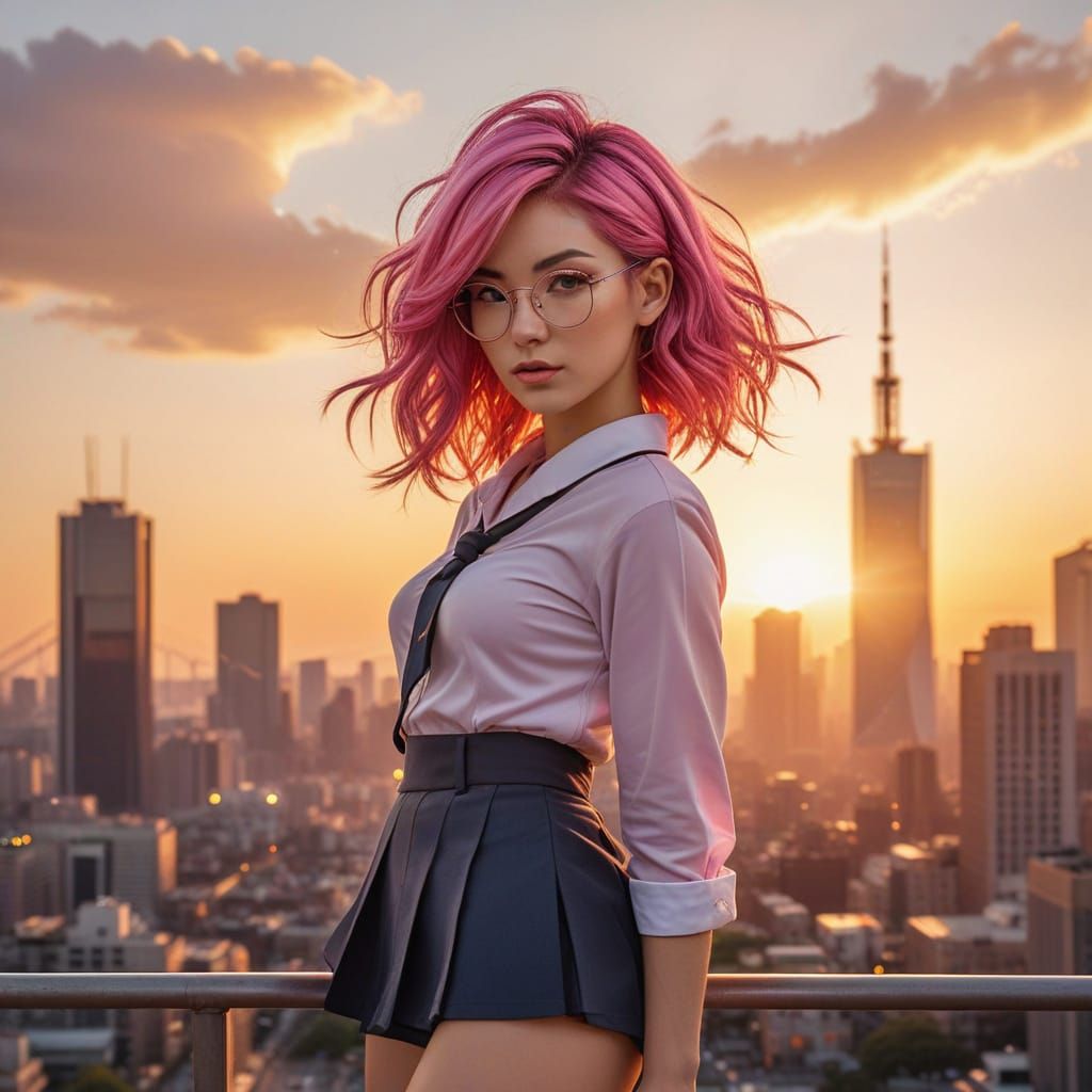 Vibrant Pink Hair Girl in City Skyline