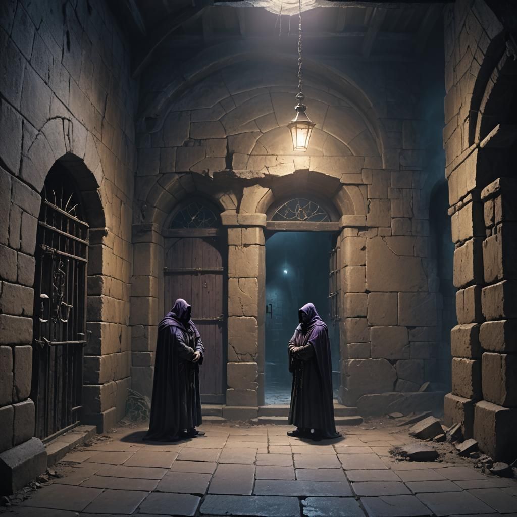 Cloaked Figure in Dimly Lit Tomb Crypt