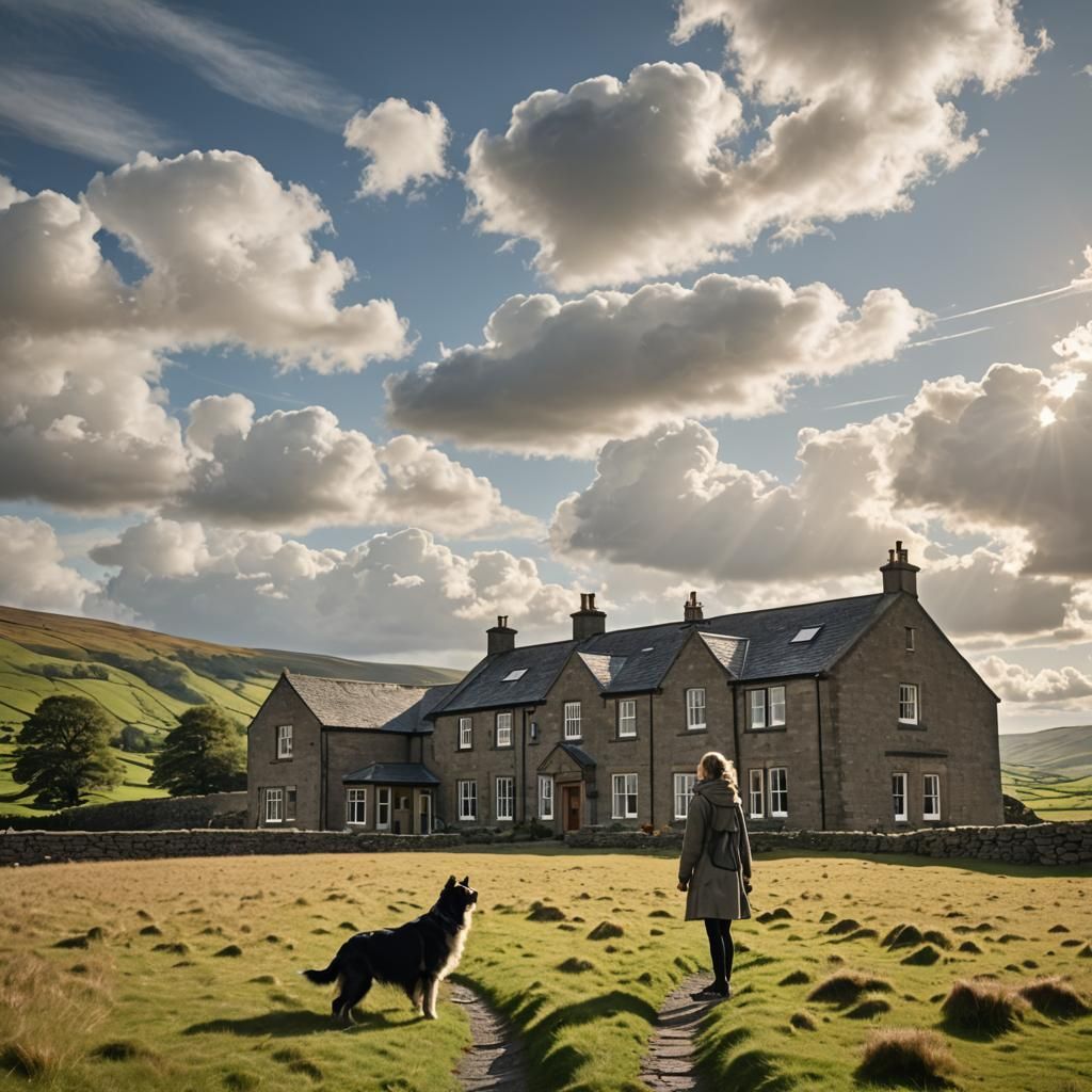Vorticist Yorkshire Dales House with Woman and Dog