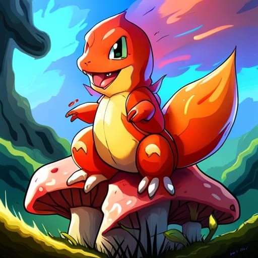 Charmander Sitting on a Mushroom with Flames