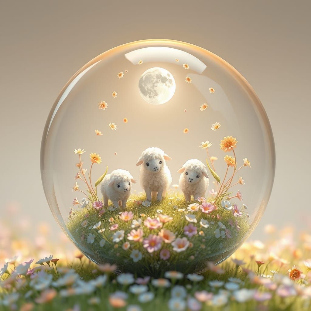 Whimsical Glass Sphere World with Adorable Pastel Sheep and ...