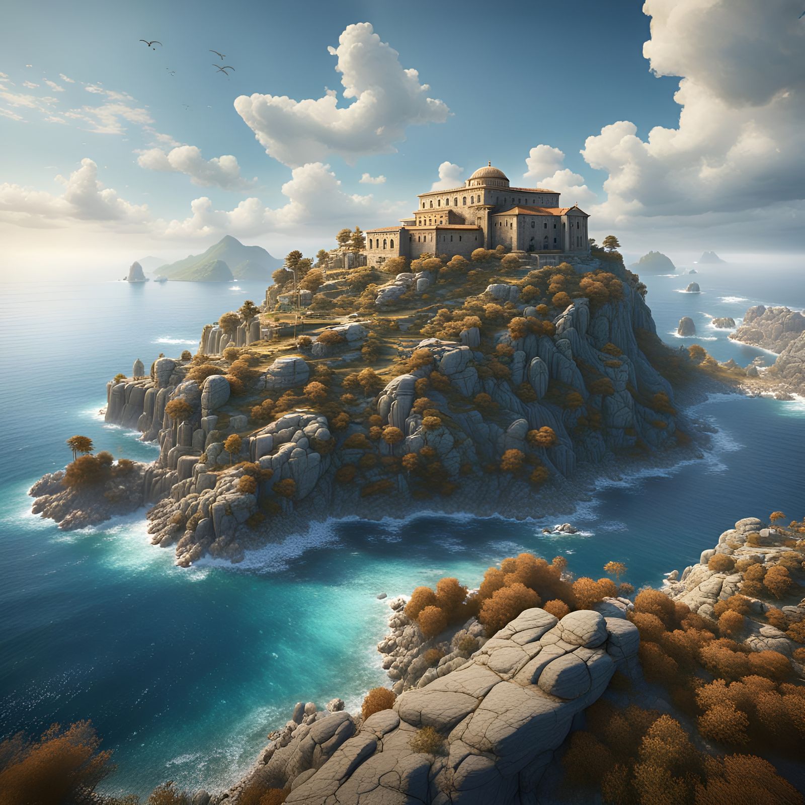 Greek Monastery on Peninsula: Detailed Matte Painting