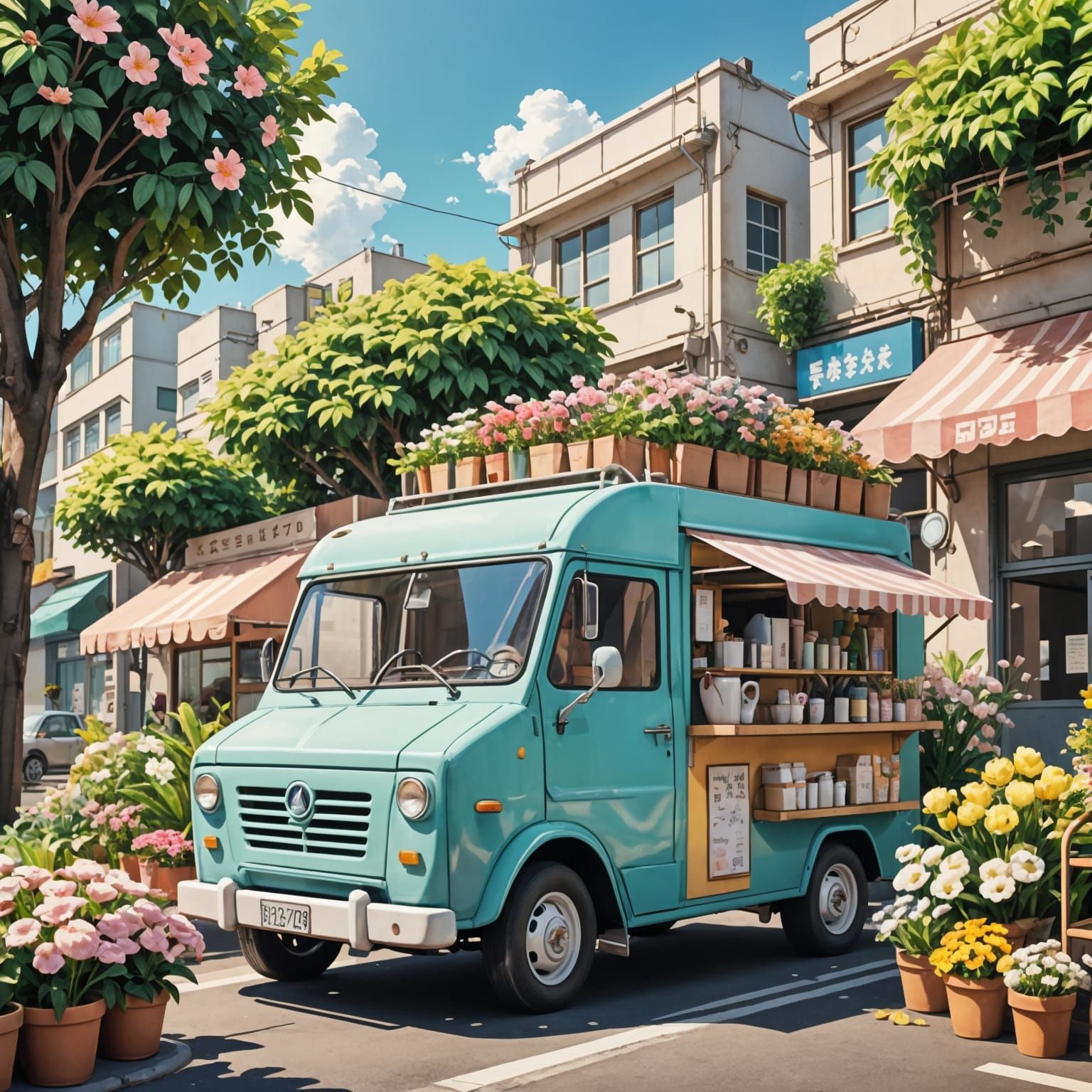 Charming Anime-Style Coffee Truck in Pastel Hues