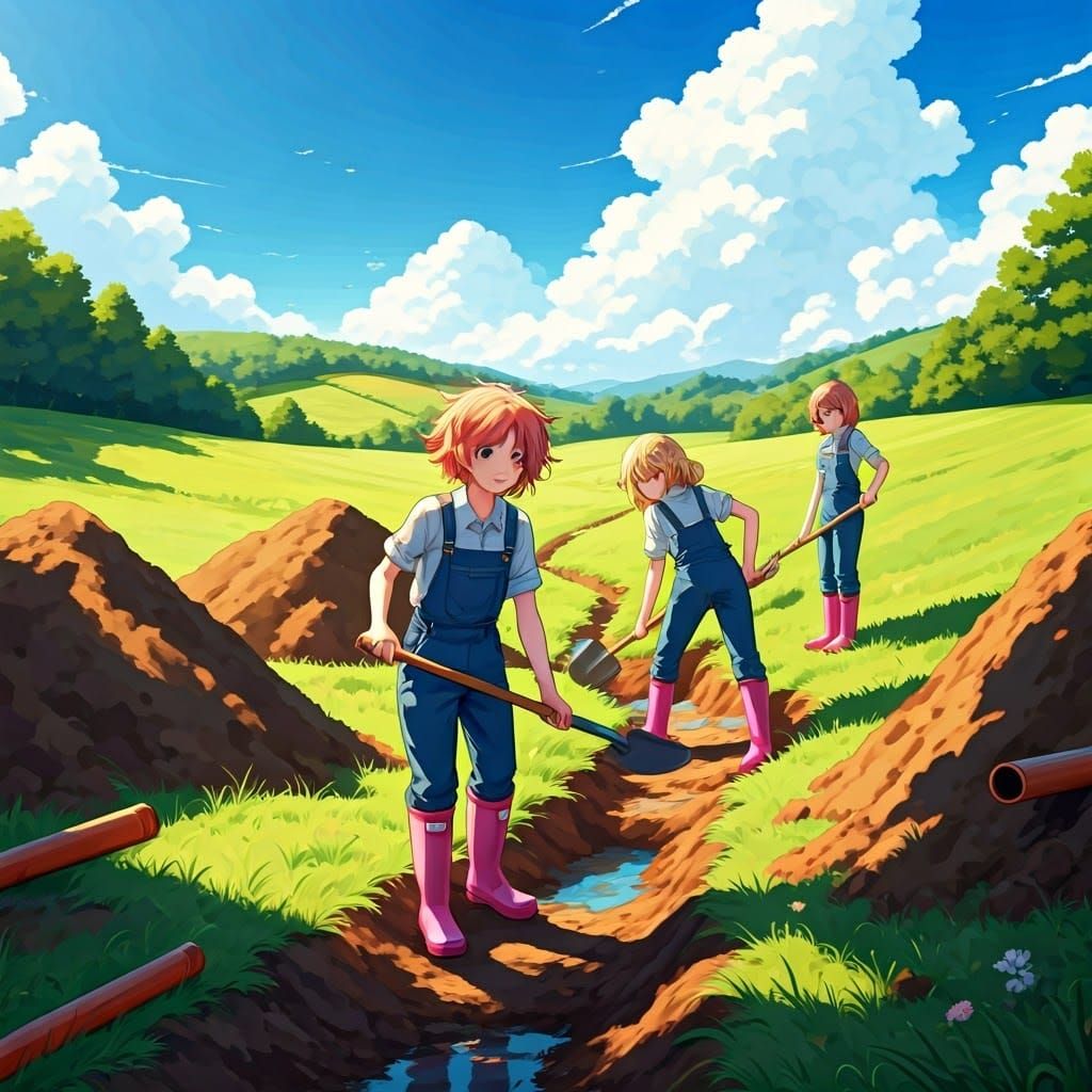 Anime Girls Work Together in Lush Countryside Farm