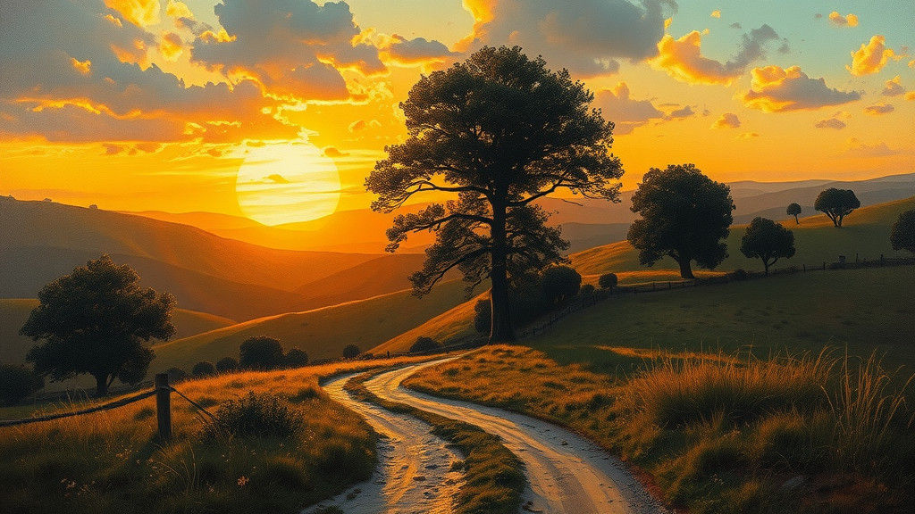 Mystical Landscape with Winding Path at Sunset