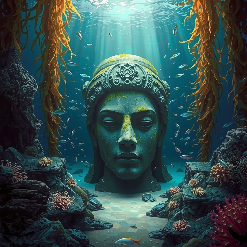Underwater Ocean Scene with Sunken Statue