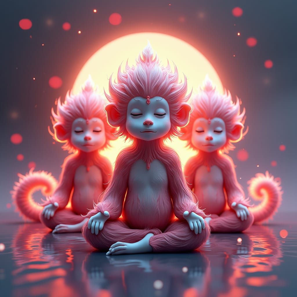 Three Monkey Spirits in Lotus Position: 3D Anime Art