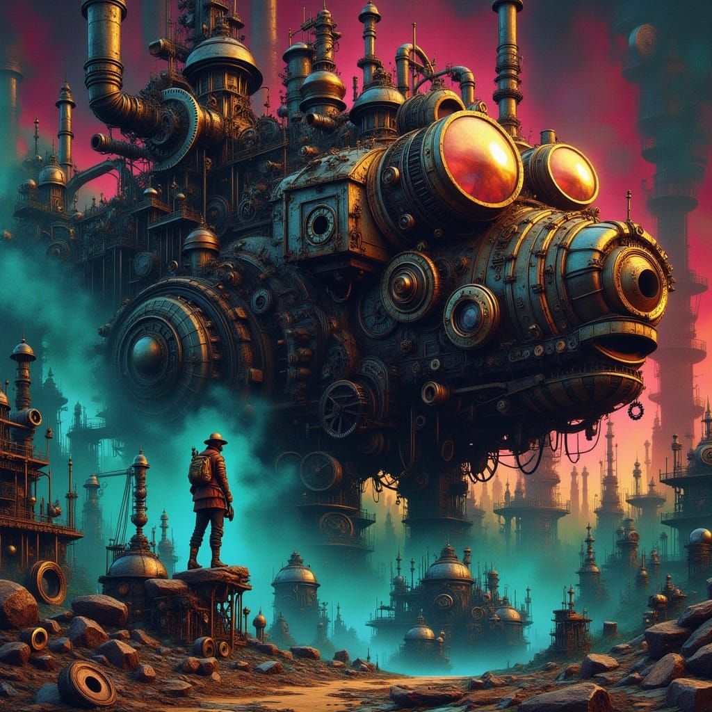 Lone Explorer on Giant Robot in Twilight Wasteland