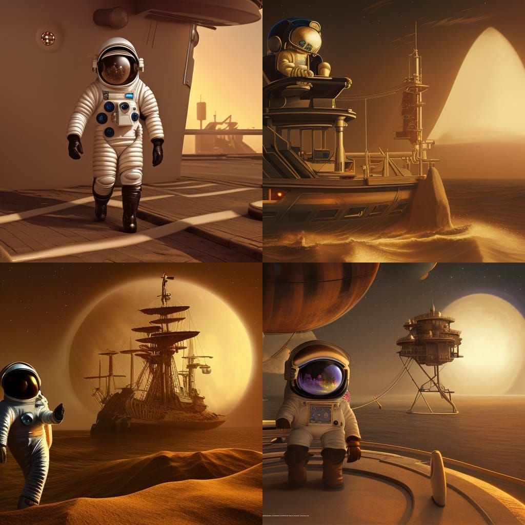 a cyborg monochromatic tetradic astronaut clearly visible sharp focus  on pirate ship , a detailed matte painting by Evg...