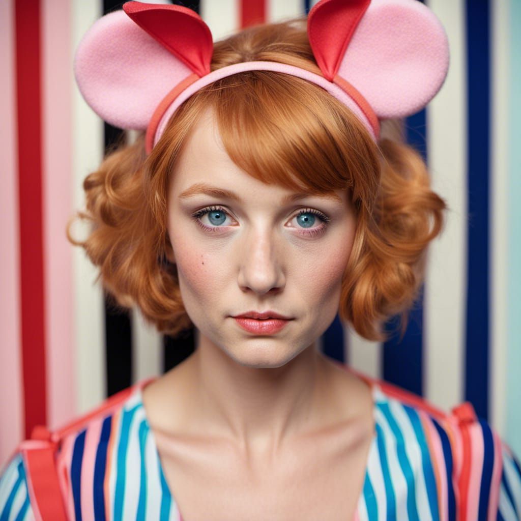 Strawberry Blonde Woman with Koala Ears and Striped Dress