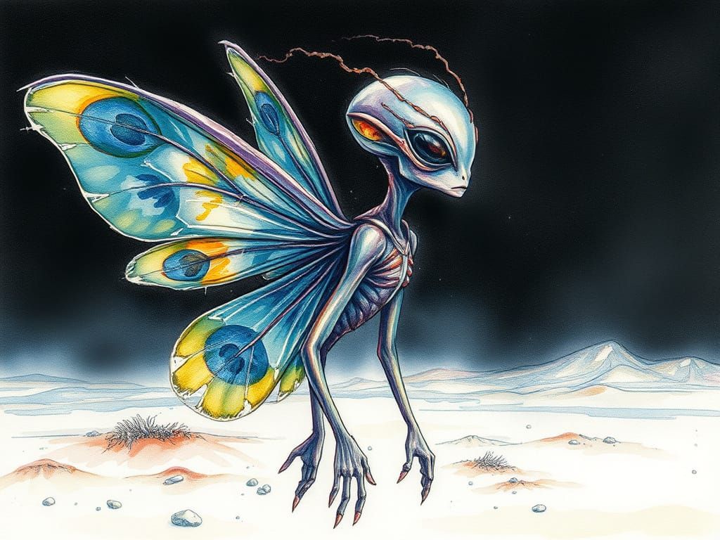Watercolor Alien Fairy on Desert Planet
