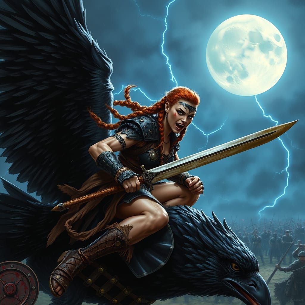 Barbarian Woman Rides Giant Raven into Battle