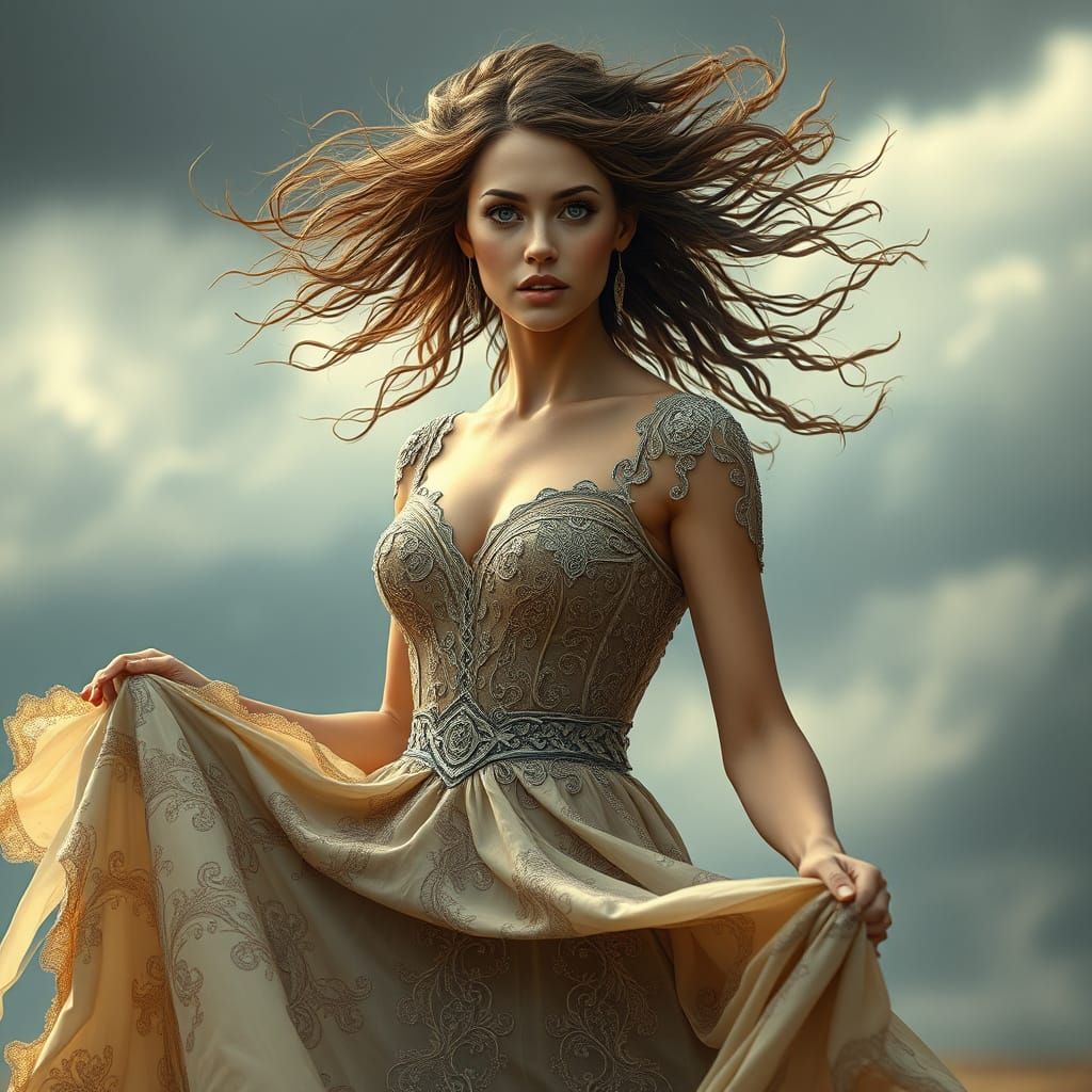 Beautiful Woman Caught in Stormy Wind