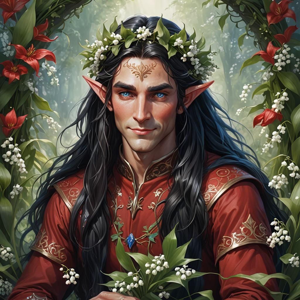 A tall male elf with very long black hair, blue eyes, wearin...