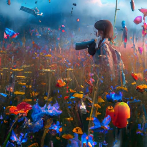 Girl with Camera in Flower Meadow: Digital Art