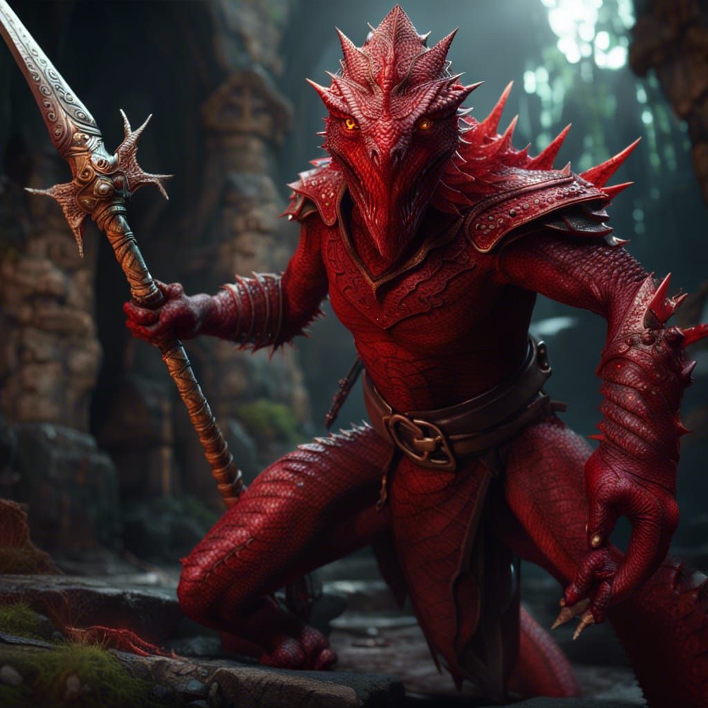 Red Lizard Man with Sword, Dungeons and Dragons Art