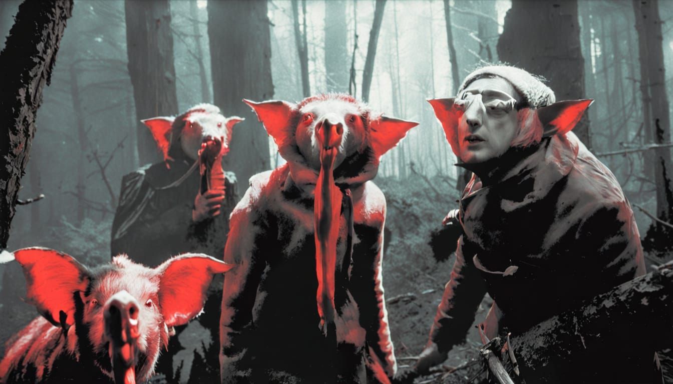 Grotesque Ape and Pig Emerge From Dark Forest