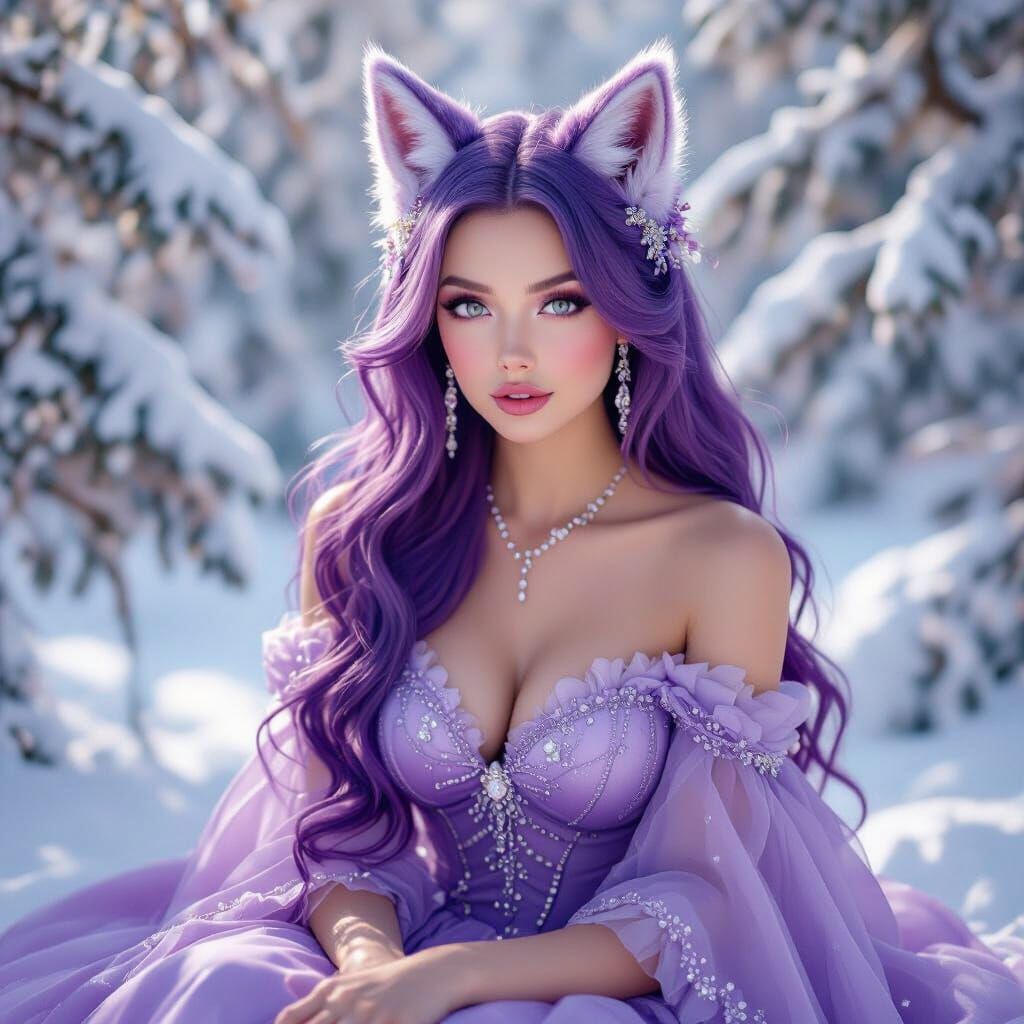 Sassy Woman with Purple Hair and Fox Ears in Snowy Forest