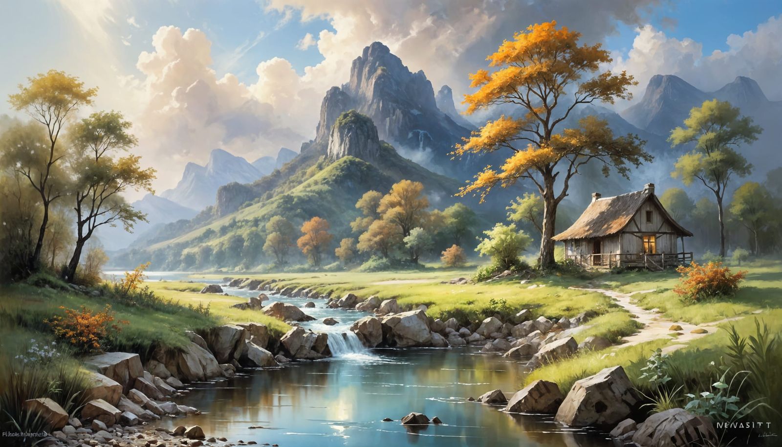 Scenic Islands in Stream: Watercolor Landscape