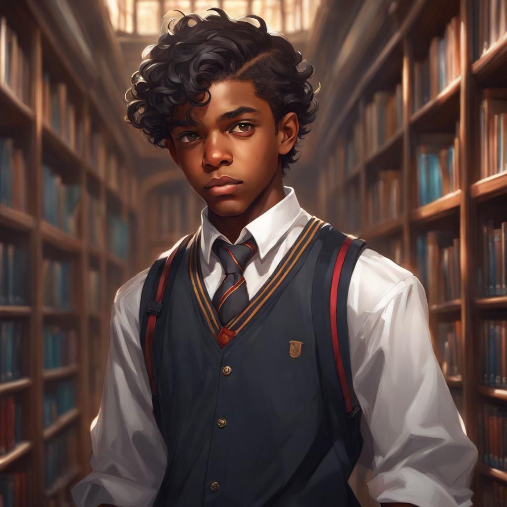 Detailed Portrait of a Black Student in Library