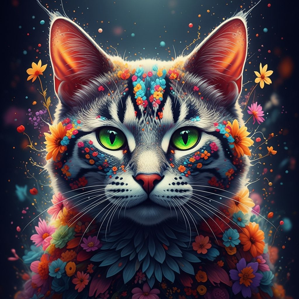 Floral Fused Cat with Green Eyes in Splash Art Style