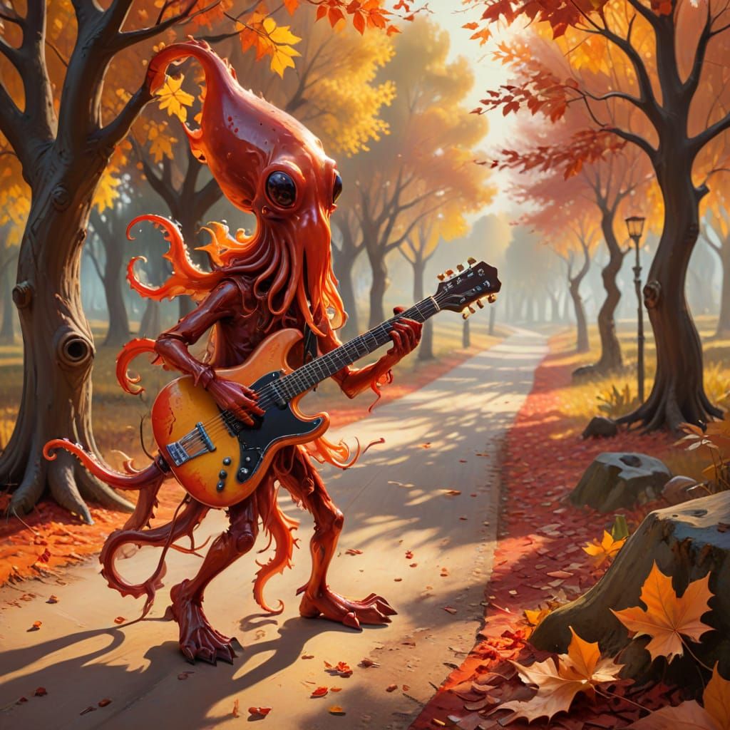 Grotesque Squid Dances in Surreal Autumn Landscape